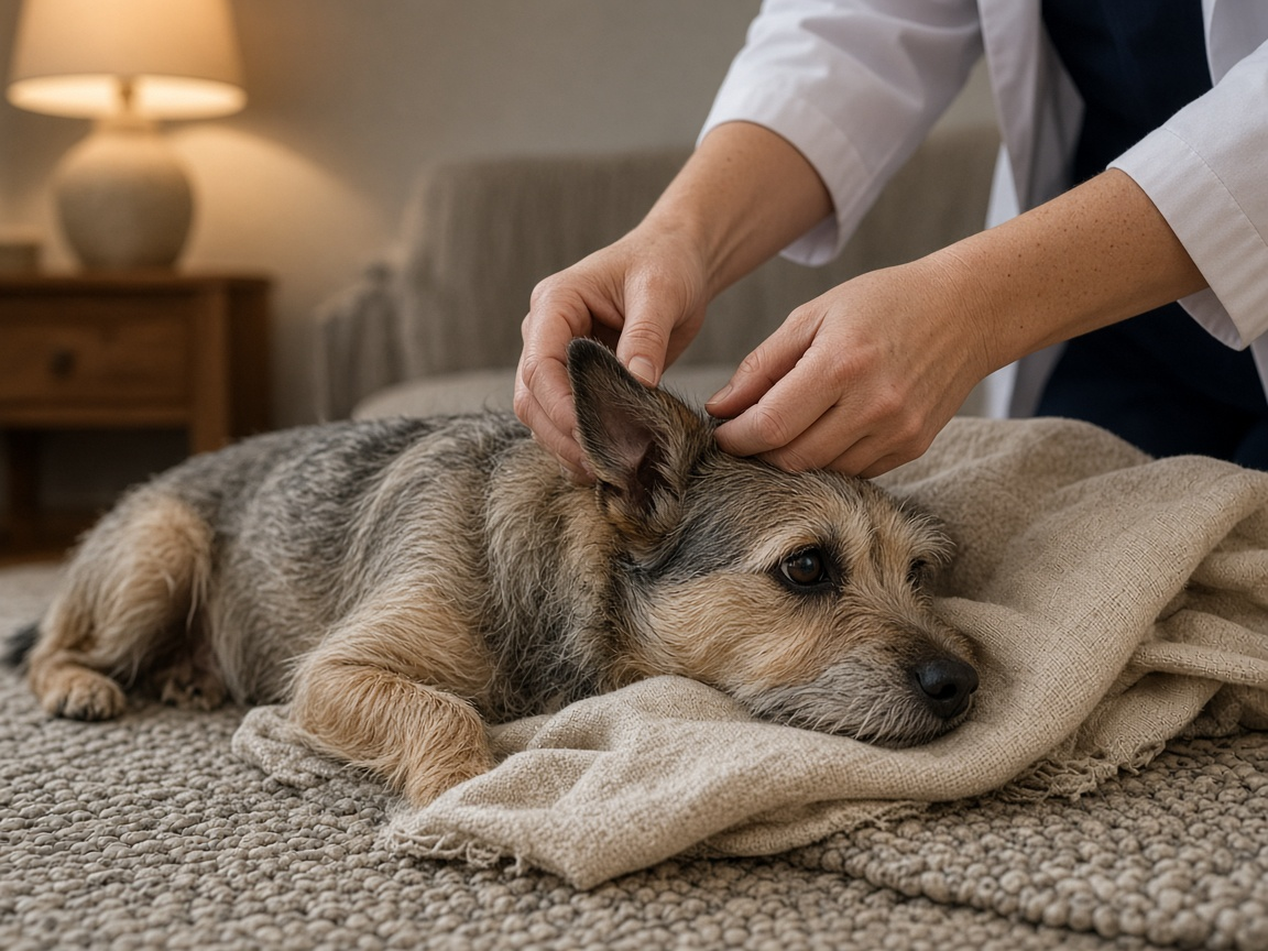 A small dog resting on a rug during a home exam